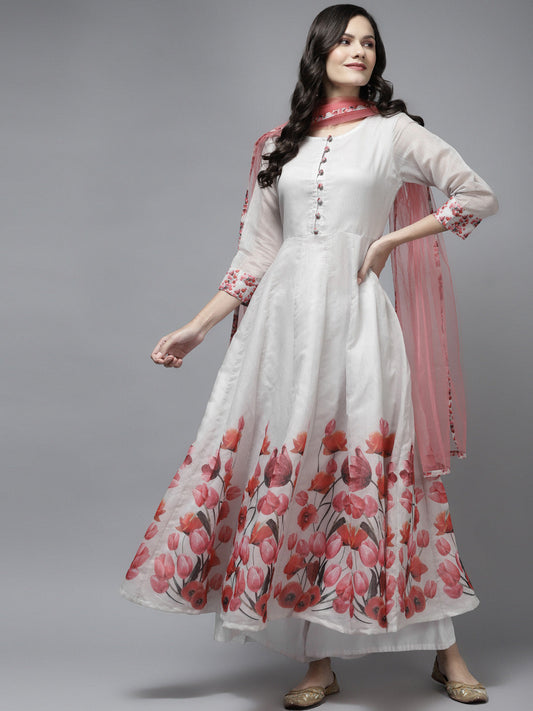 Women's Off White Floral Printed Chanderi Silk Anarkali Kurta With Dupatta