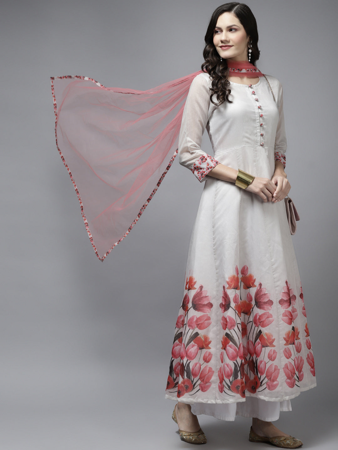 Women's Off White Floral Printed Chanderi Silk Anarkali Kurta With Dupatta