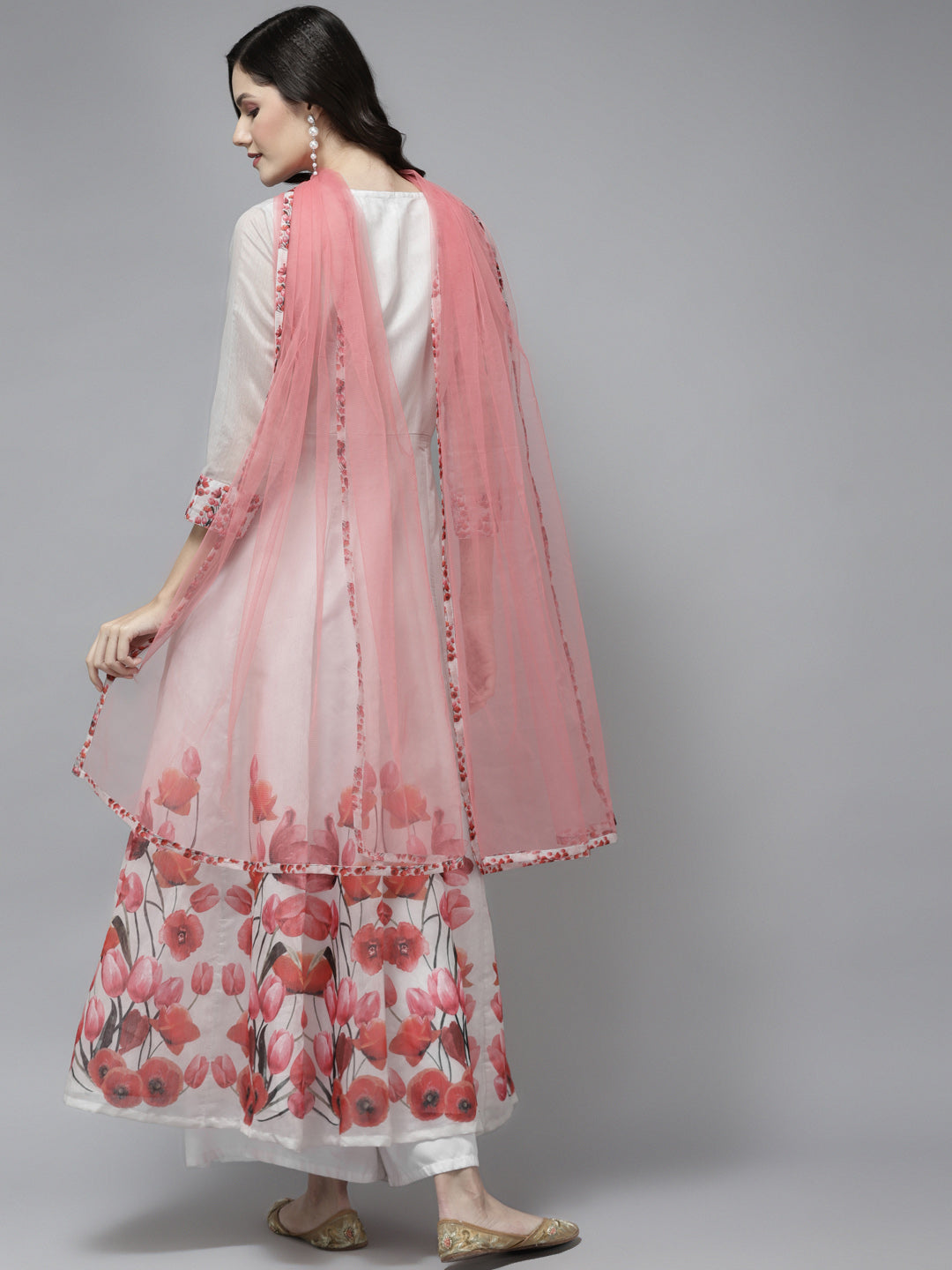 Women's Off White Floral Printed Chanderi Silk Anarkali Kurta With Dupatta