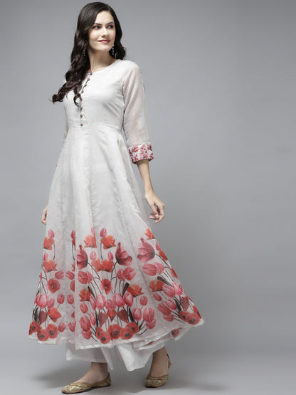 Women's Off White Floral Printed Chanderi Silk Anarkali Kurta With Dupatta