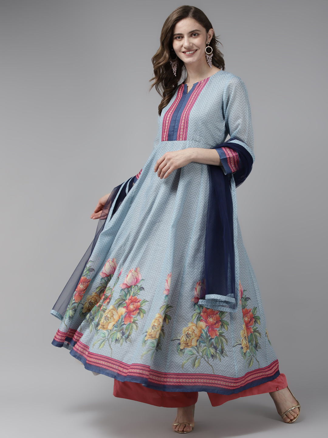 Women's Blue & Pink Floral Printed Chanderi Silk Anarkali Kurta & Dupatta
