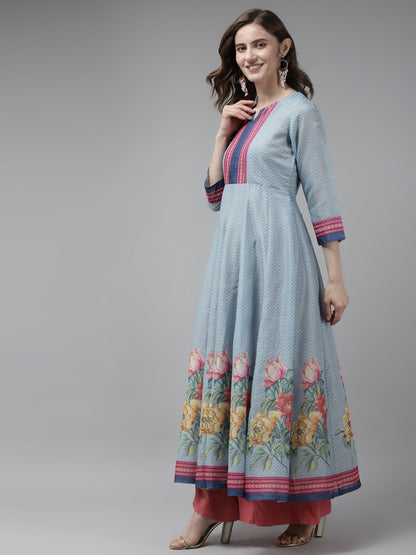 Women's Blue & Pink Floral Printed Chanderi Silk Anarkali Kurta & Dupatta