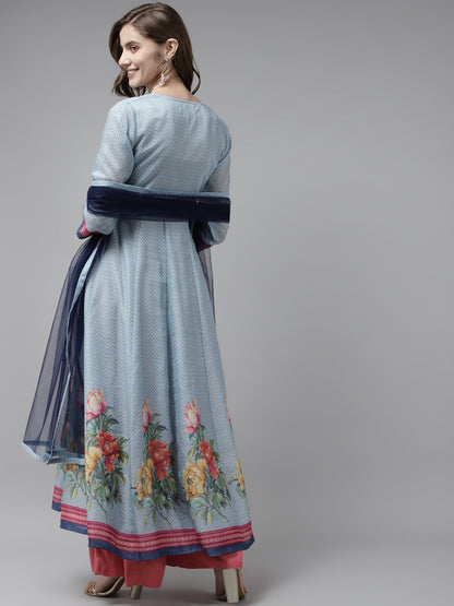 Women's Blue & Pink Floral Printed Chanderi Silk Anarkali Kurta & Dupatta