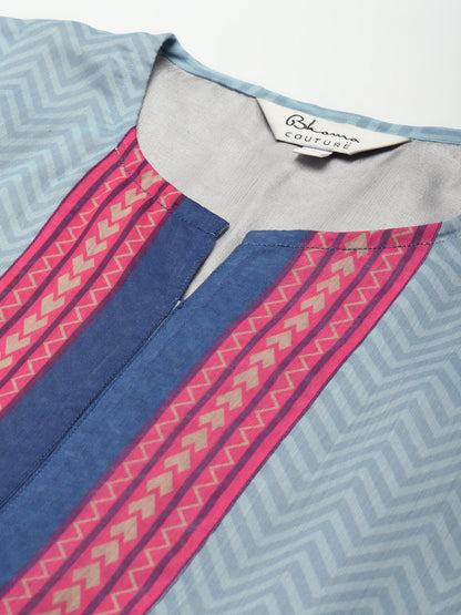 Women's Blue & Pink Floral Printed Chanderi Silk Anarkali Kurta & Dupatta