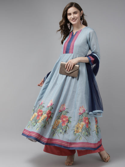 Women's Blue & Pink Floral Printed Chanderi Silk Anarkali Kurta & Dupatta