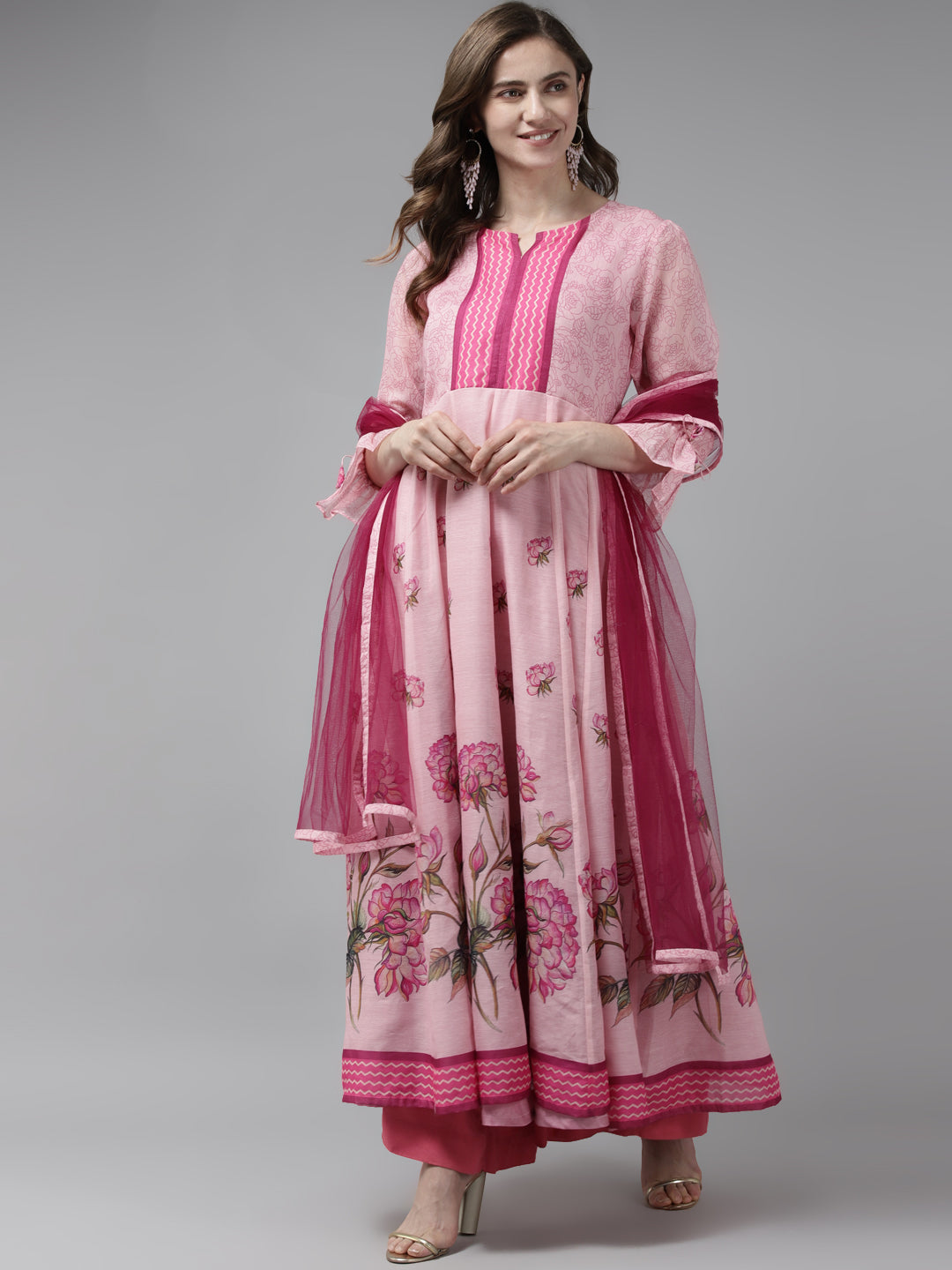 Women's Pink Floral Printed Floral Chanderi Silk Anarkali Kurta With Dupatta
