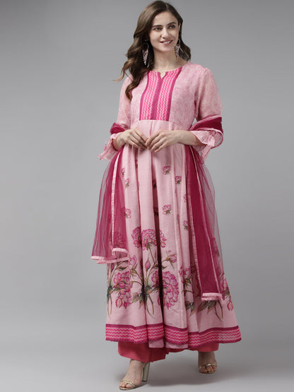 Women's Pink Floral Printed Floral Chanderi Silk Anarkali Kurta With Dupatta