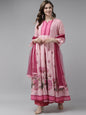 Women's Pink Floral Printed Floral Chanderi Silk Anarkali Kurta With Dupatta
