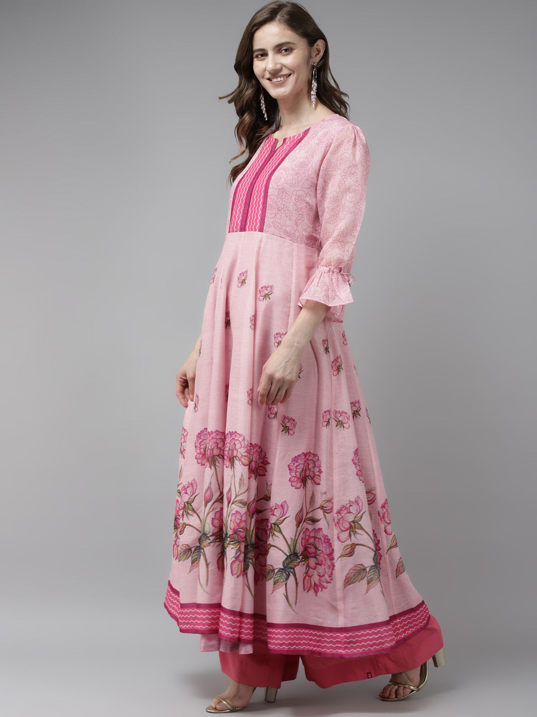Women's Pink Floral Printed Floral Chanderi Silk Anarkali Kurta With Dupatta