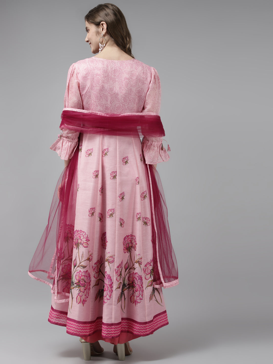 Women's Pink Floral Printed Floral Chanderi Silk Anarkali Kurta With Dupatta