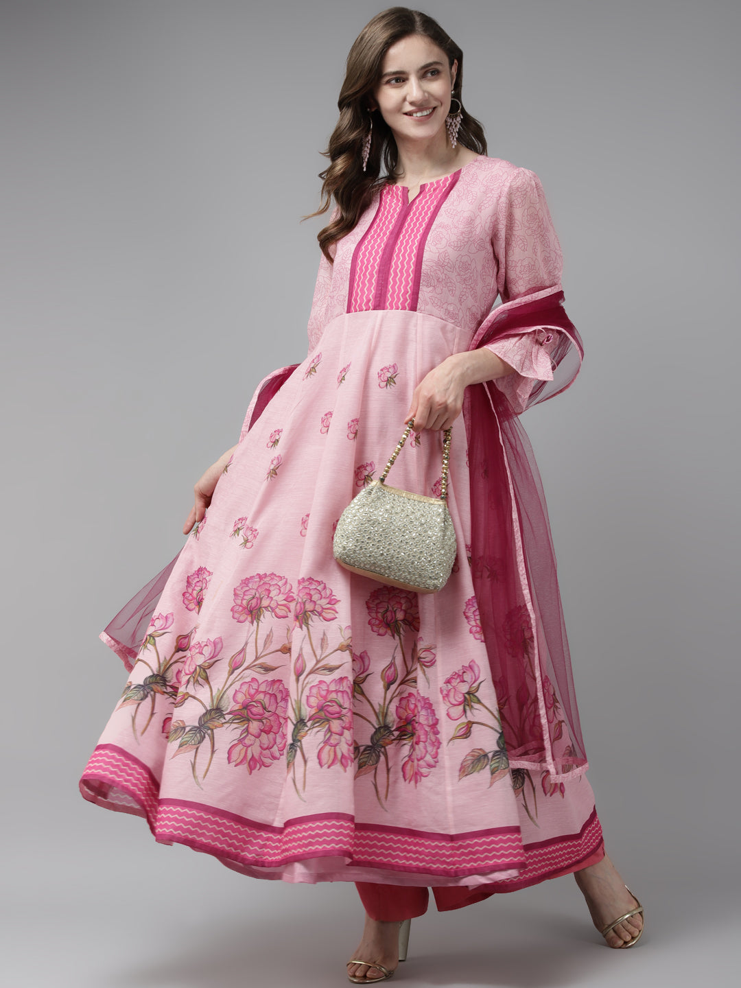 Women's Pink Floral Printed Floral Chanderi Silk Anarkali Kurta With Dupatta