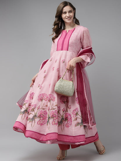 Women's Pink Floral Printed Floral Chanderi Silk Anarkali Kurta With Dupatta