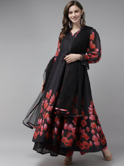 Women's Black Floral Printed Chanderi Silk Anarkali Kurta With Dupatta