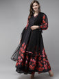 Women's Black Floral Printed Chanderi Silk Anarkali Kurta With Dupatta