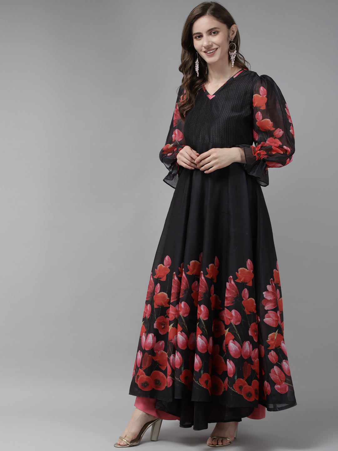 Women's Black Floral Printed Chanderi Silk Anarkali Kurta With Dupatta