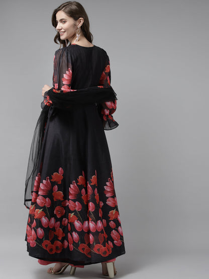 Women's Black Floral Printed Chanderi Silk Anarkali Kurta With Dupatta