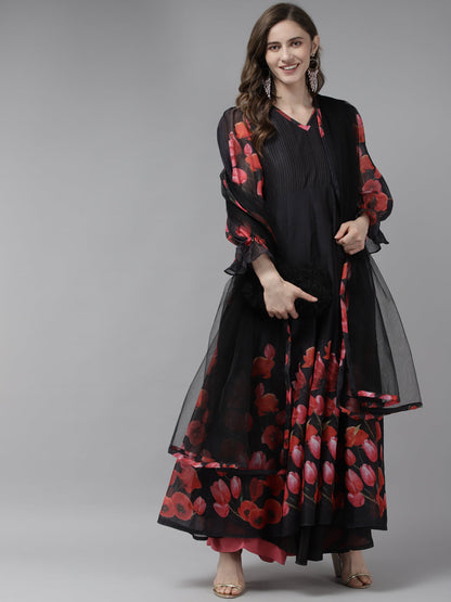 Women's Black Floral Printed Chanderi Silk Anarkali Kurta With Dupatta