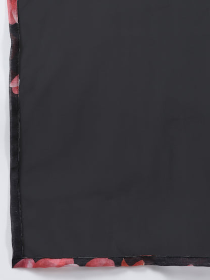Women's Black Floral Printed Chanderi Silk Anarkali Kurta With Dupatta