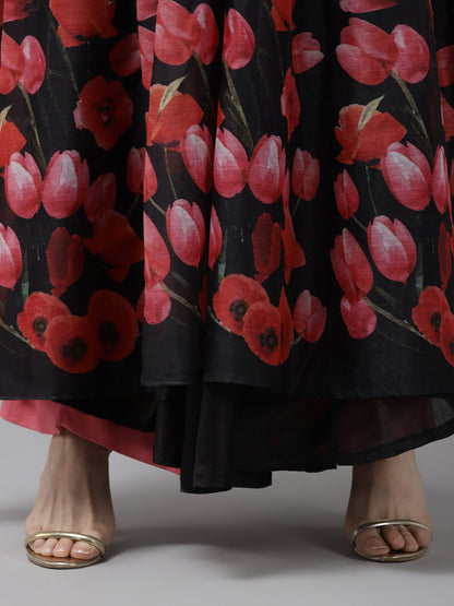 Women's Black Floral Printed Chanderi Silk Anarkali Kurta With Dupatta