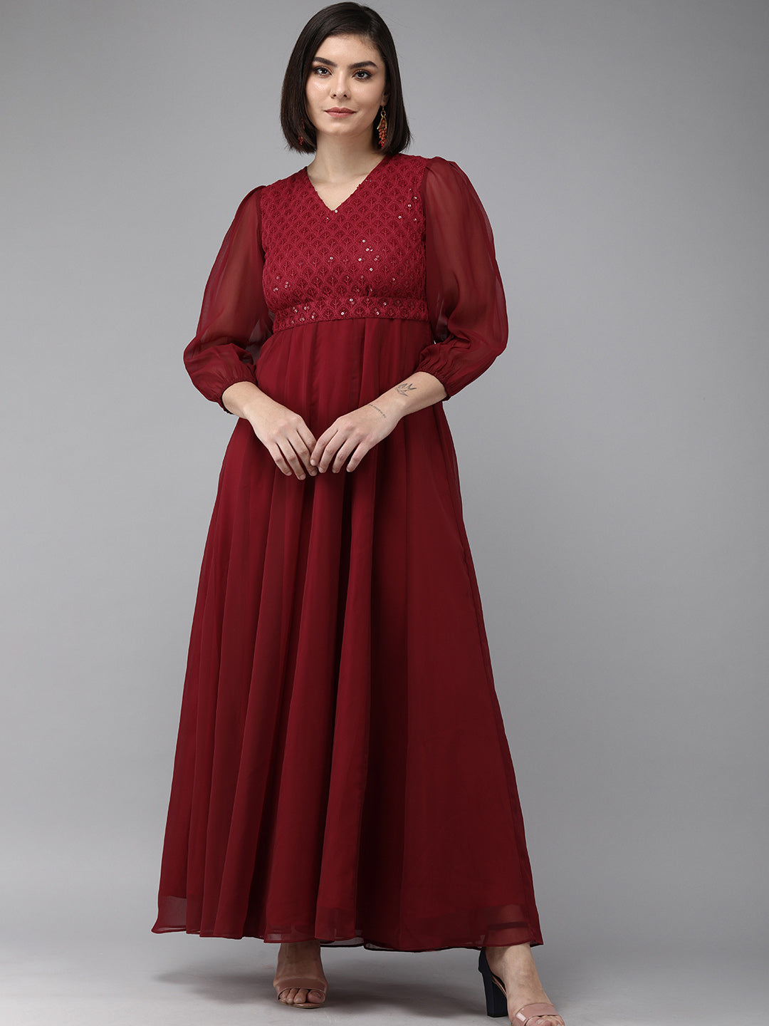 Women's Maroon Geogette Sequence Embellished Maxi Dress