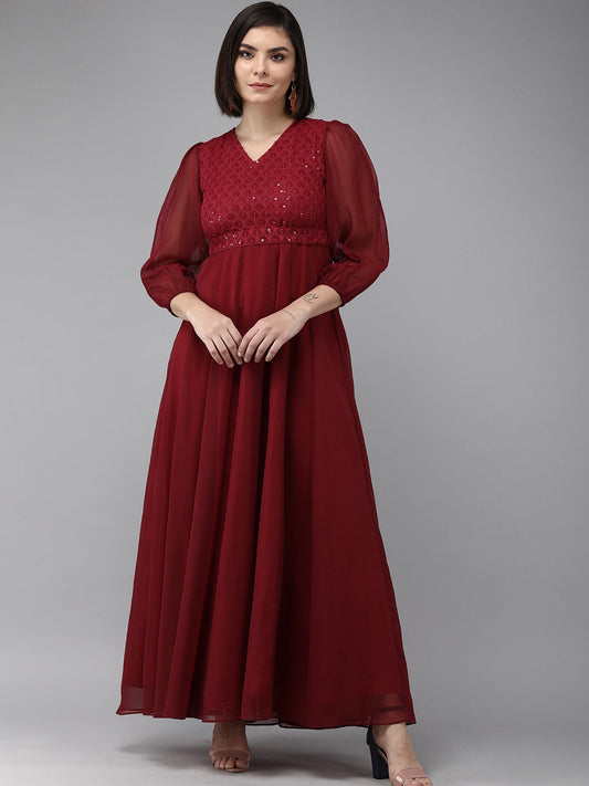 Women's Maroon Geogette Sequence Embellished Maxi Dress