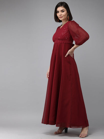 Women's Maroon Geogette Sequence Embellished Maxi Dress
