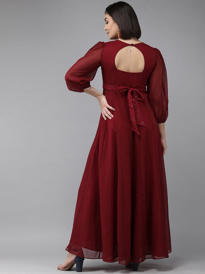 Women's Maroon Geogette Sequence Embellished Maxi Dress