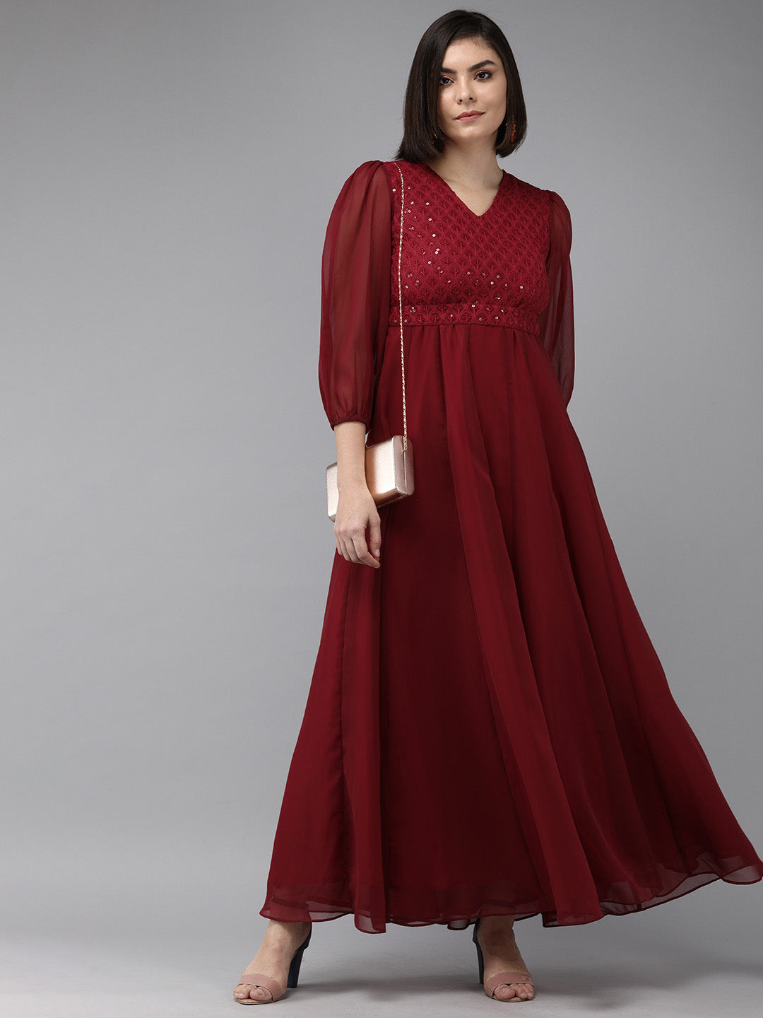 Women's Maroon Geogette Sequence Embellished Maxi Dress