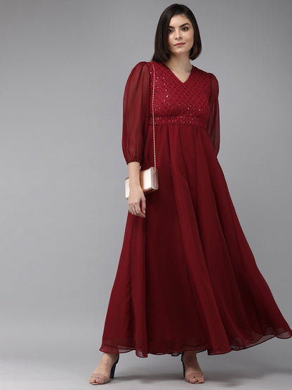 Women's Maroon Geogette Sequence Embellished Maxi Dress
