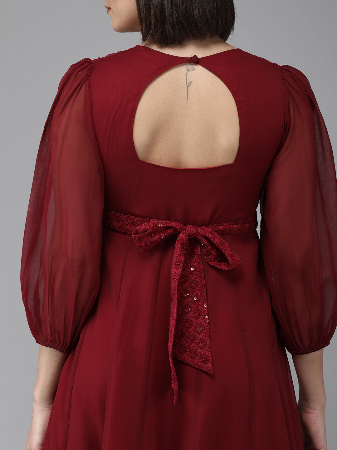 Women's Maroon Geogette Sequence Embellished Maxi Dress