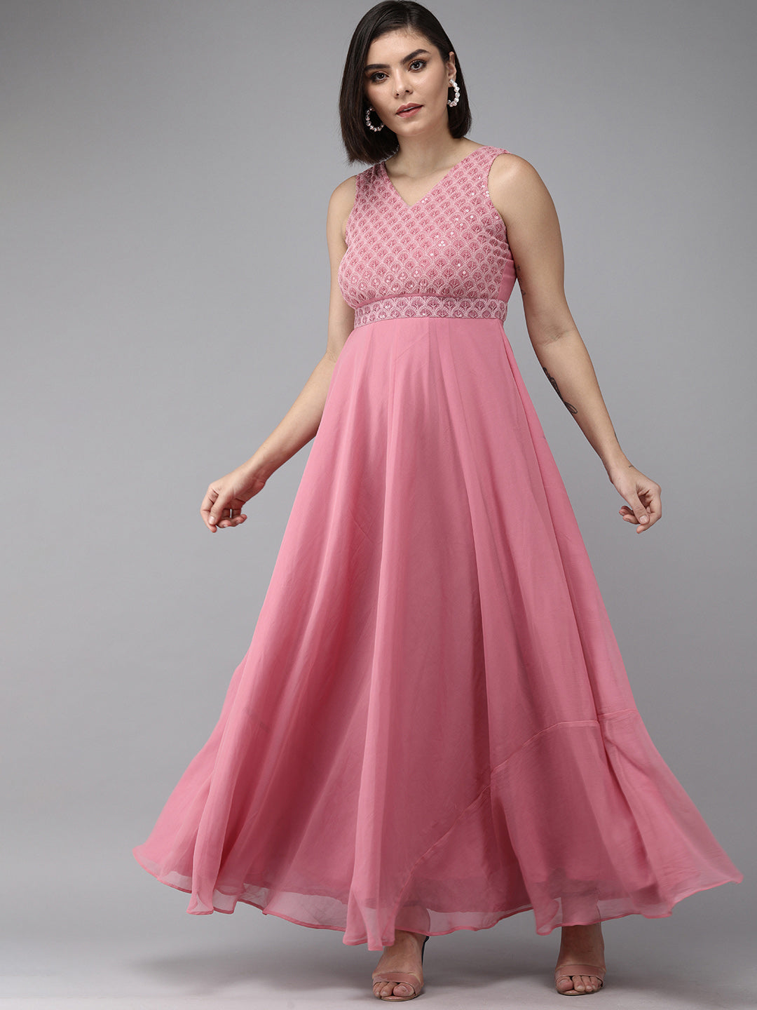 Women's Onion Pink Geogette Sequence Embellished Maxi Dress