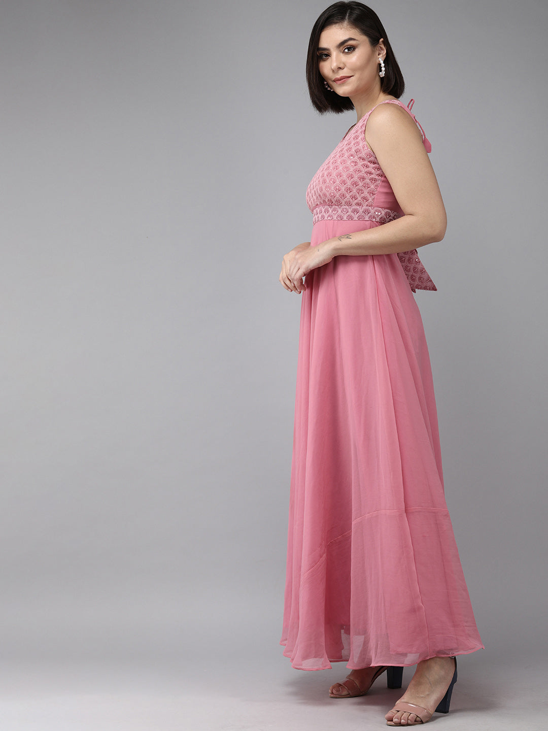 Women's Onion Pink Geogette Sequence Embellished Maxi Dress