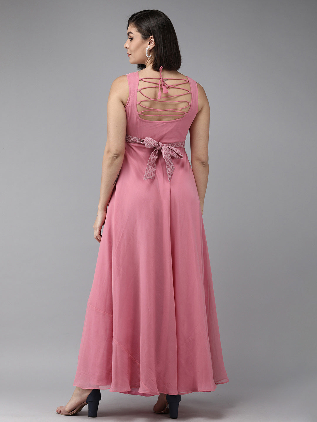 Women's Onion Pink Geogette Sequence Embellished Maxi Dress