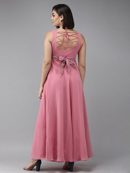 Women's Onion Pink Geogette Sequence Embellished Maxi Dress