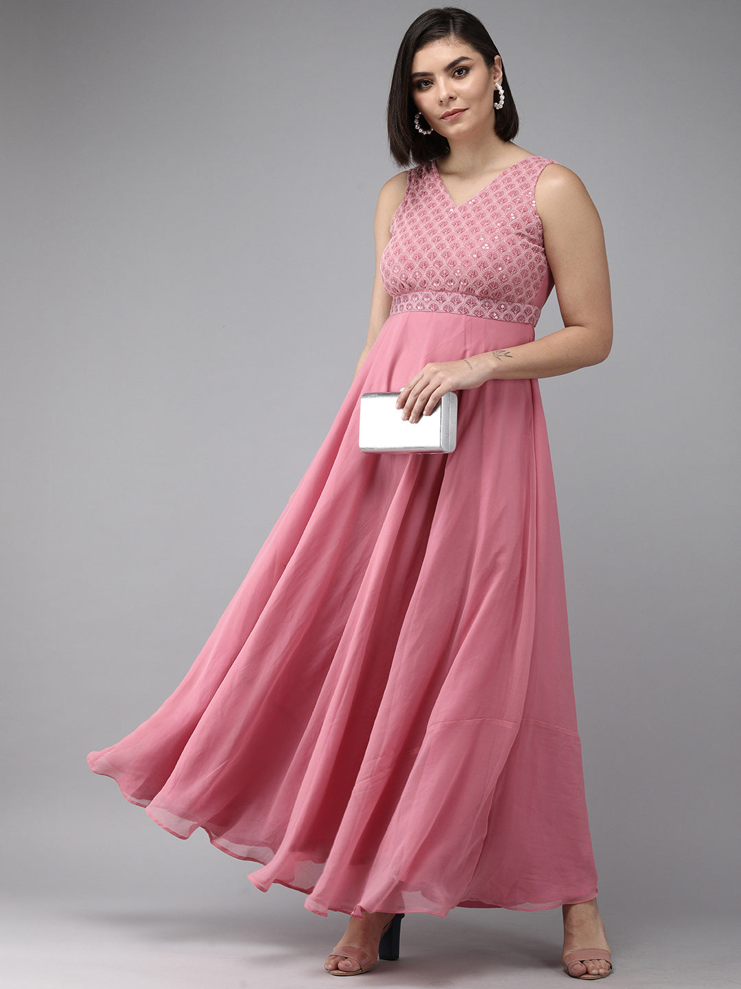 Women's Onion Pink Geogette Sequence Embellished Maxi Dress
