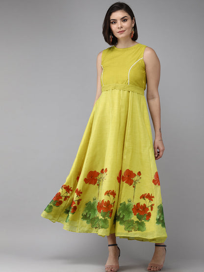 Women's Yellow Floral Chanderi Silk Maxi Dress