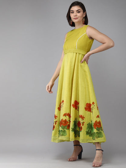 Women's Yellow Floral Chanderi Silk Maxi Dress