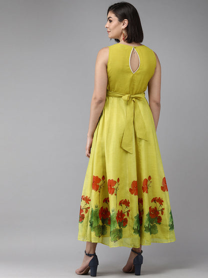 Women's Yellow Floral Chanderi Silk Maxi Dress