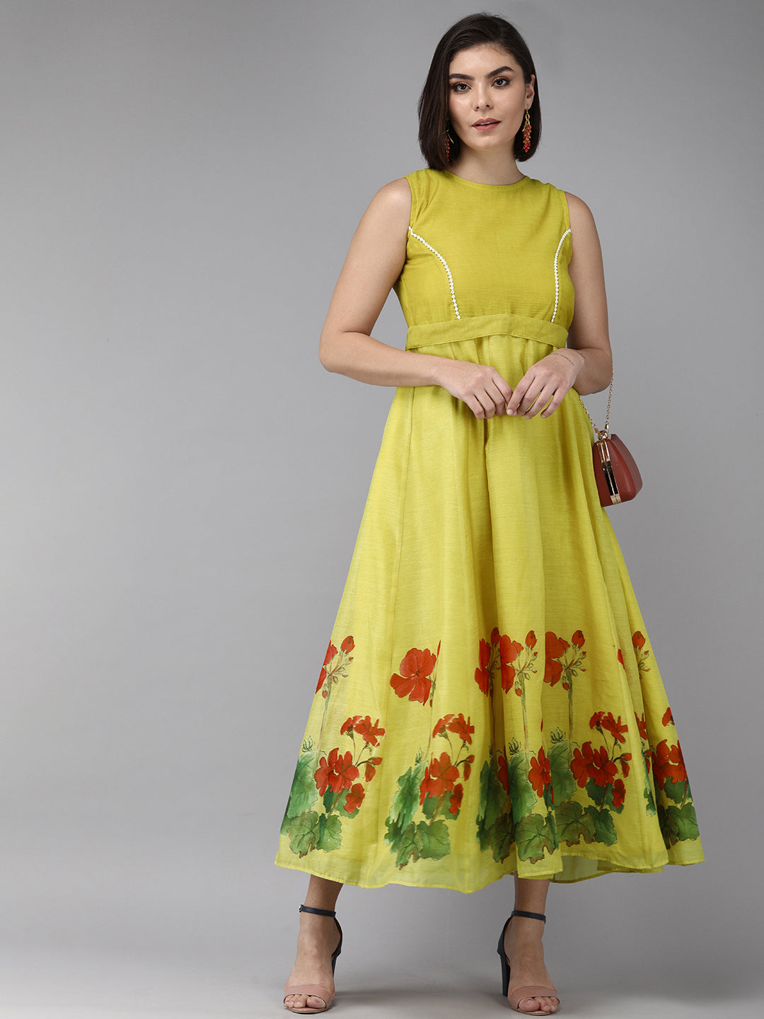 Women's Yellow Floral Chanderi Silk Maxi Dress