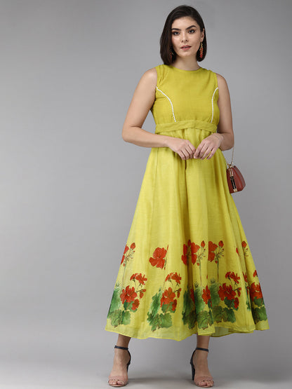 Women's Yellow Floral Chanderi Silk Maxi Dress