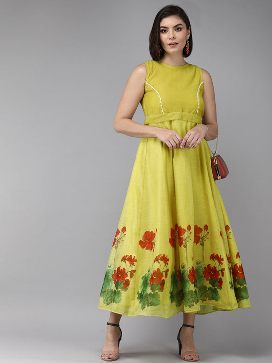 Women's Yellow Floral Chanderi Silk Maxi Dress