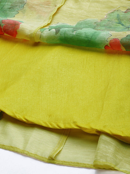 Women's Yellow Floral Chanderi Silk Maxi Dress