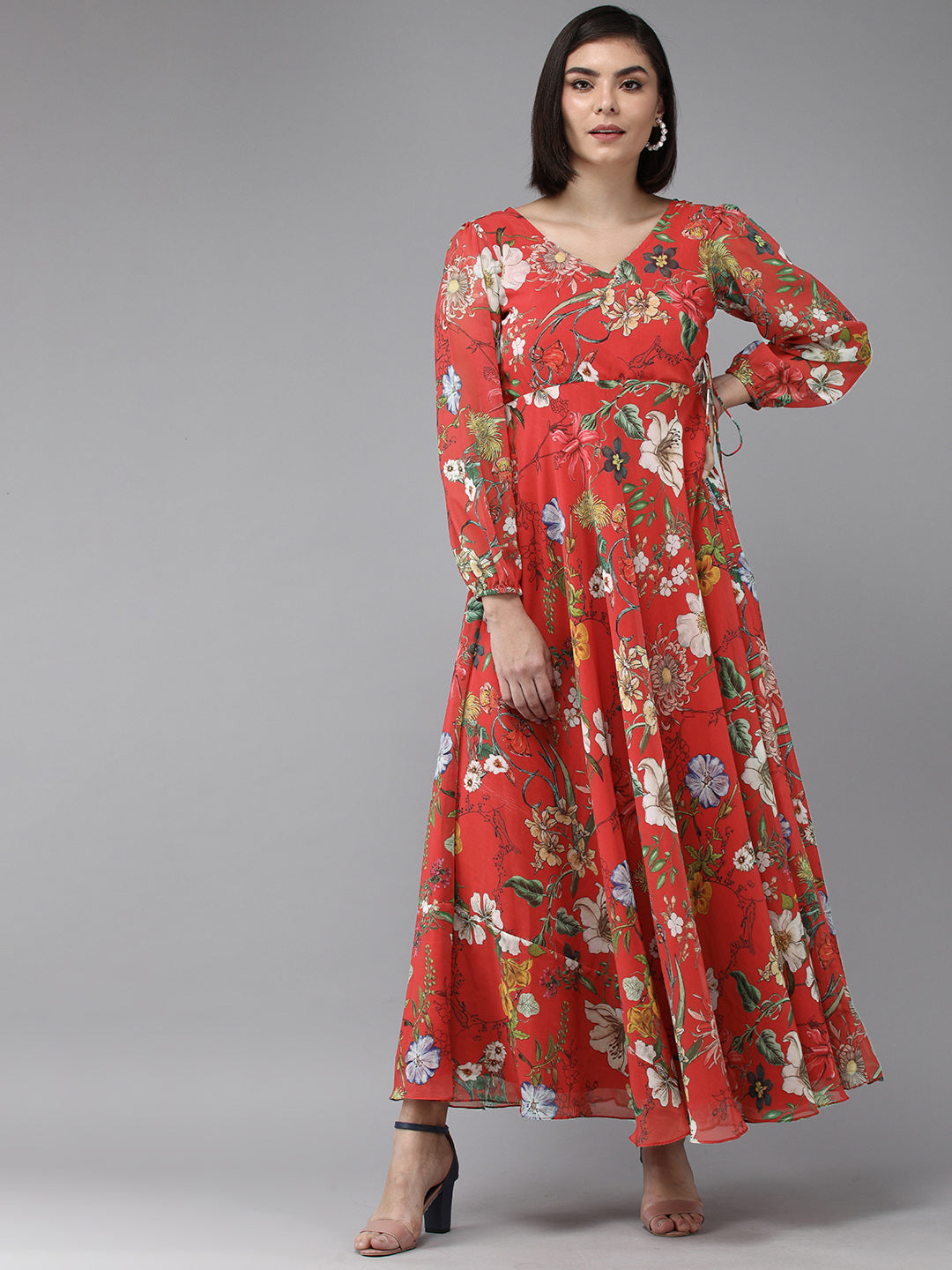 Women's Red Floral Geogette Maxi Dress