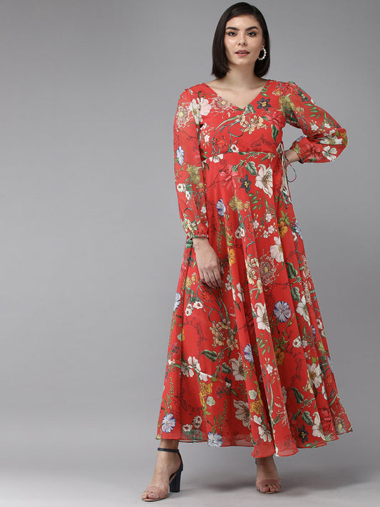 Women's Red Floral Geogette Maxi Dress