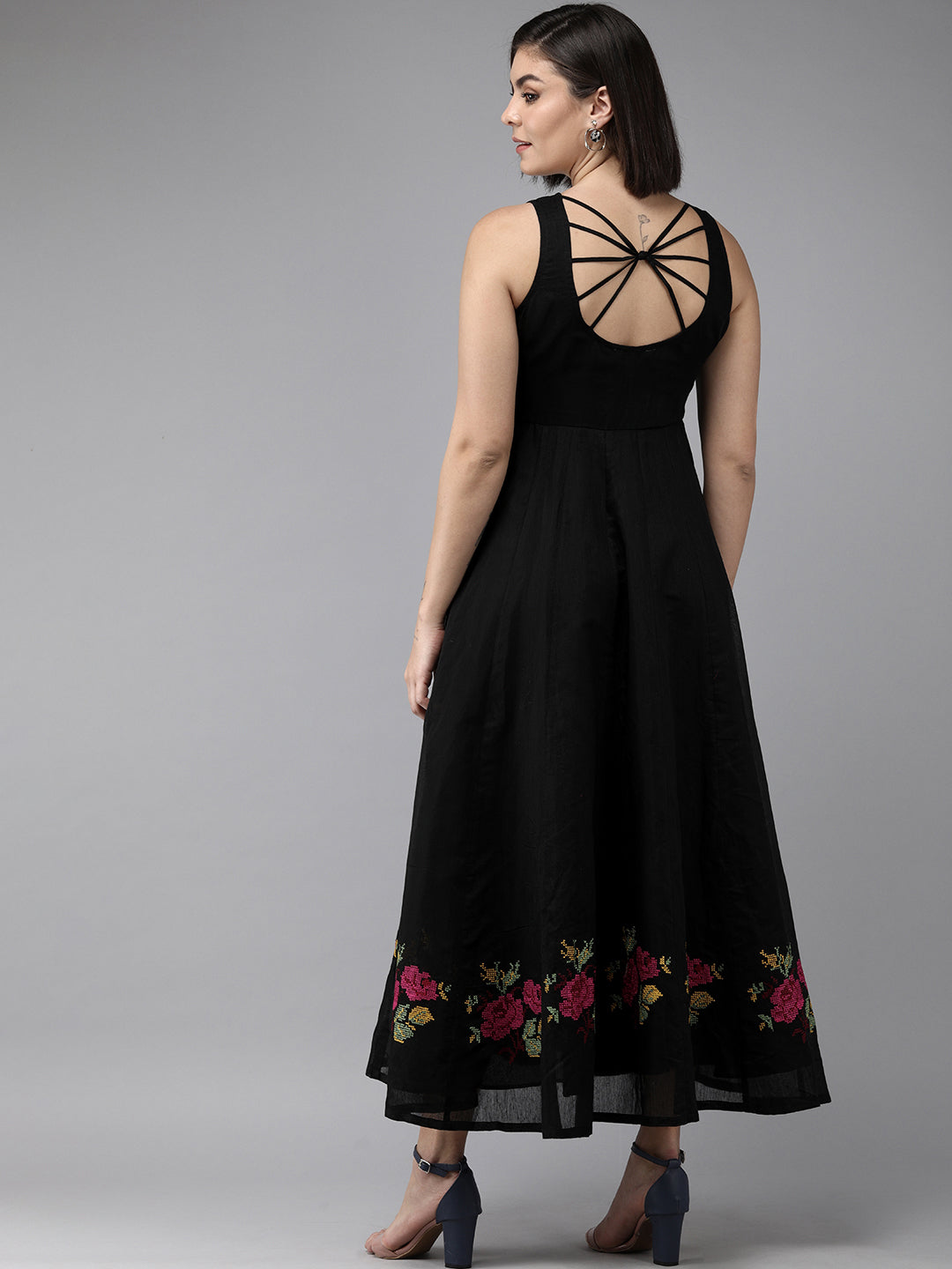Women's Black Embroidered Chanderi Silk Maxi Dress