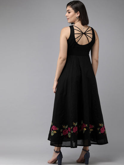 Women's Black Embroidered Chanderi Silk Maxi Dress