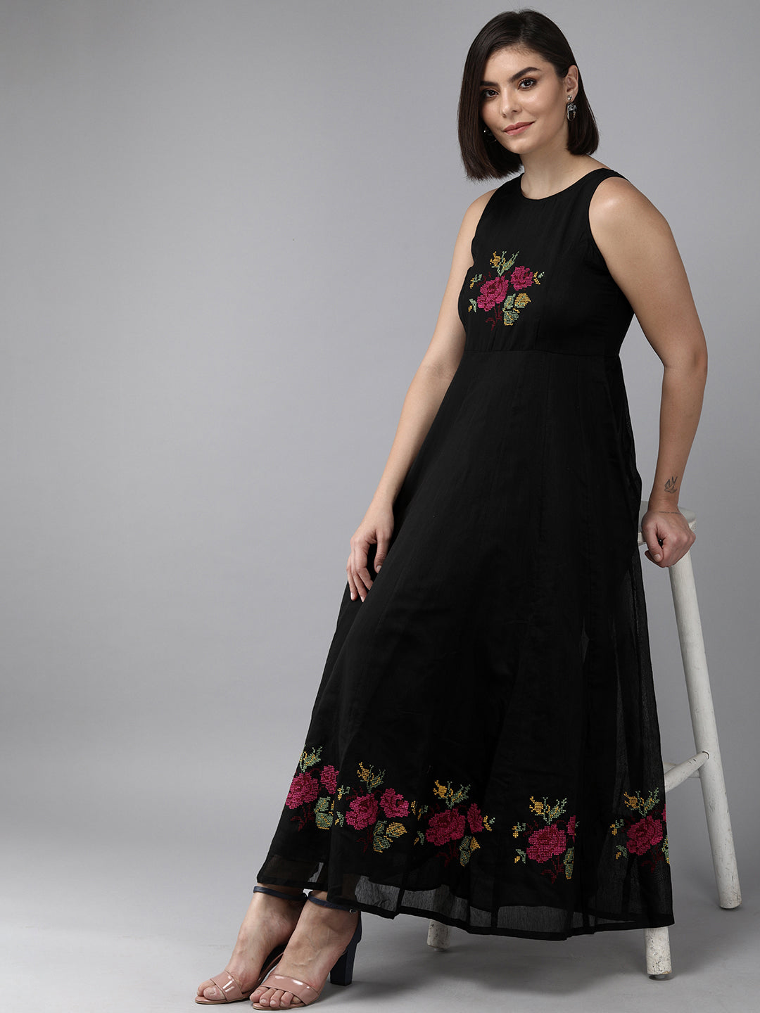 Women's Black Embroidered Chanderi Silk Maxi Dress