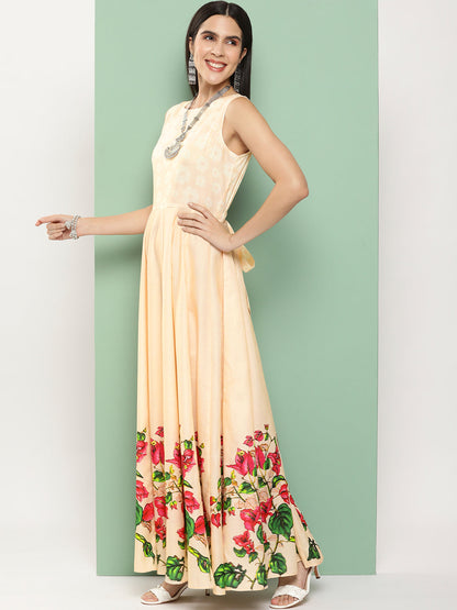 Women's Beige Printed Long Dress With Waist Belt