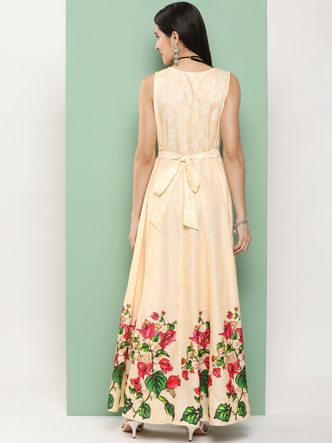Women's Beige Printed Long Dress With Waist Belt