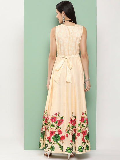 Women's Beige Printed Long Dress With Waist Belt
